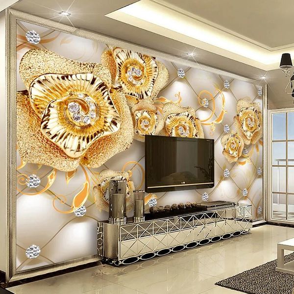 

custom self-adhesive wallpaper 3d diamond jewelry golden flower living room tv background wall painting wall papers home decor