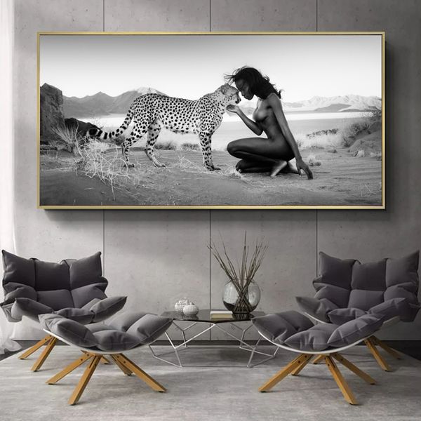 

human and nature posters and prints snow leopard and nude women canvas paintings wall art cuadros pictures for living room decor