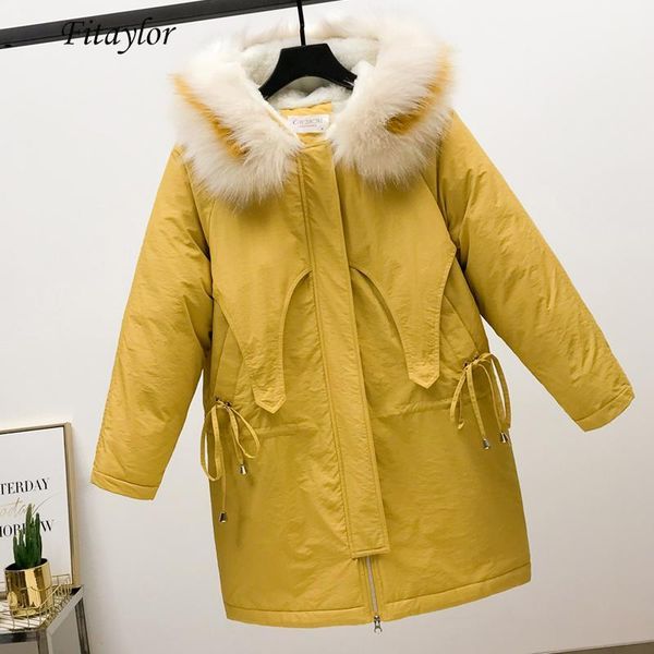 

fitaylor winter warm cotton padded long parka women hooded jacket coat large faux fur collar thick loose wool liner snow outwear1, Tan;black