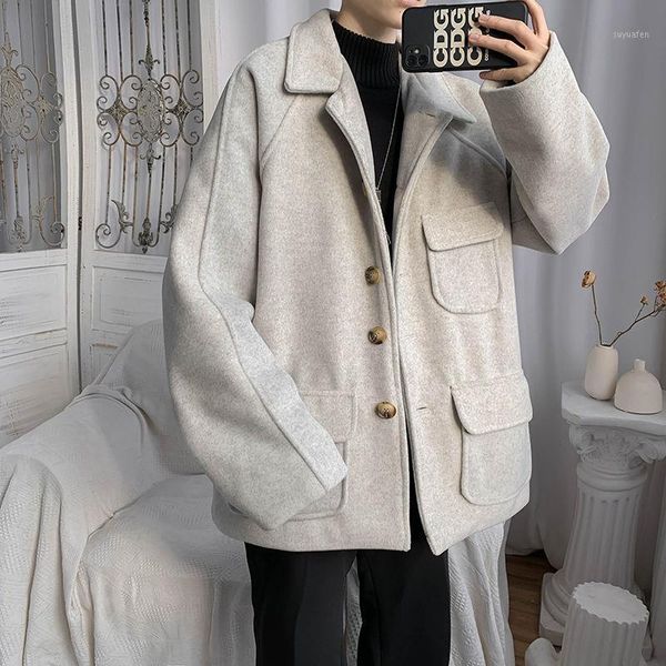

korean style short woolen coat men's fashion casual multi-pocket woolen coat men loose autumn winter jacket mens m-2xl1, Black