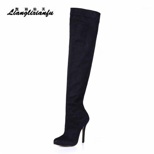 

llxf spring autumn party shoes woman over the knee boots 12cm thin heels botas mujer flock pumps punk stiletto plus:35-42 431, Black