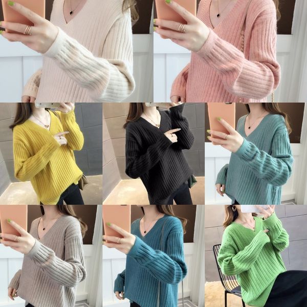 

o4kg4 loose sweater pullover sleeve pulloverpullover eight-color 2020 autumn new long pulloverkorean knitted v-neck lazy style base shirt, White;black