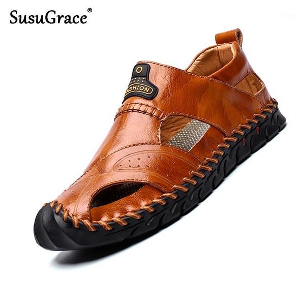 

susugrace summer men casual sandals slippers leather flat shoes sneakers breathable comfortable non-slip soft plus size handmade1, Black