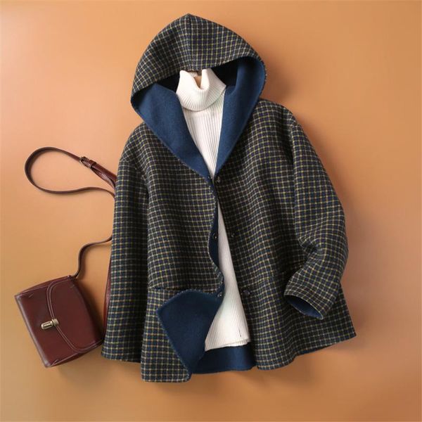 

2021 handmade retro plaid 90%wool coat for women autumn england slim winter hooded coat modis casaco feminino k1181, Black