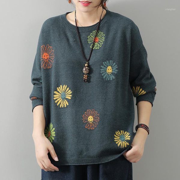 

smiling face plant flowers round collar sweater knit female literary mao loose light ripe light luxury trend restoring ancient1, White;black