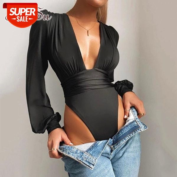 

artsu elegant plunge deep v-neck ruched bodysuits long sleeve women high waist fashion bodysuit club party ju52039 #x549, Black;white
