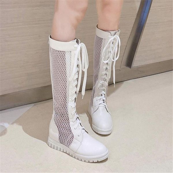 

pxelena vintage rome women riding mid calf mesh boots punk rock gothic gladiator sandals 2020 spring summer lace up hidden heel, Black