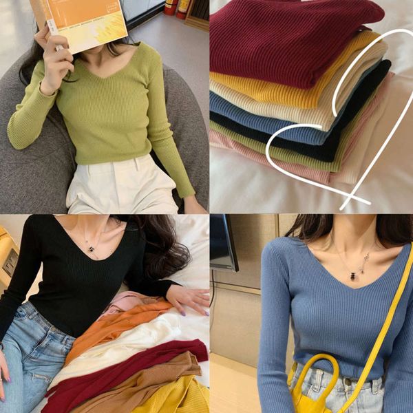 

warm core spun yarn v-neck knitted shirt long sleeve pullover for women, White