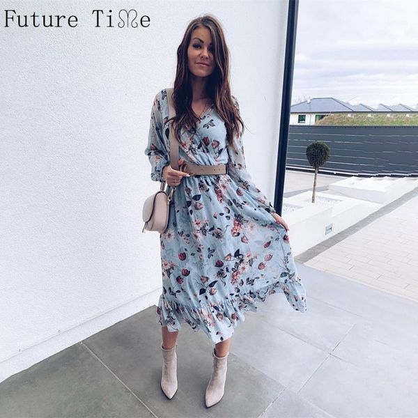 

2020 blue long sleeve women boho dress floral print vintage dresses ruffles female summer beach casual dress vestidos1, Black;gray
