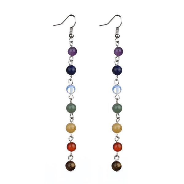 

dangle & chandelier women earrings 7 chakra beads yoga reiki rainbow round natural stone long drop silver color pendientes mujer moda