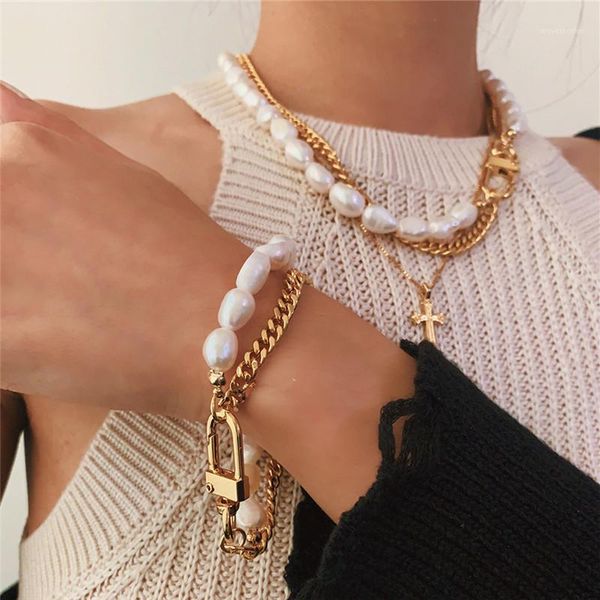 

aomu punk trendy luxury metal gold double-layered pearl chain stitched necklace for women girls jewelry party1, Golden;silver