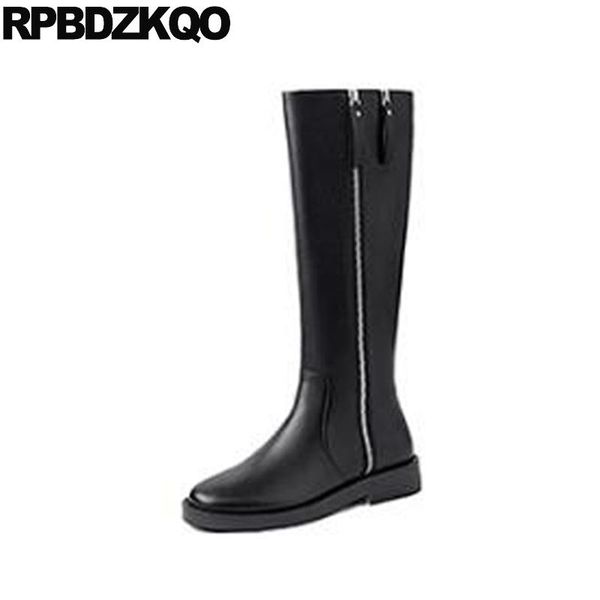 

boots tall chunky women black fur shoes long trend knee high side zip riding equestrian round toe fall genuine leather quality