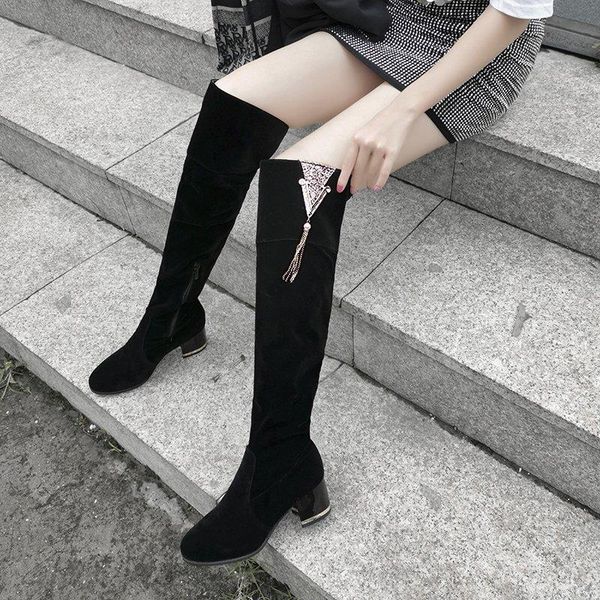 

womens over-the-knee boots women's winter new thick heel long boots women slimming thigh boot tassel high heel chunky, Black