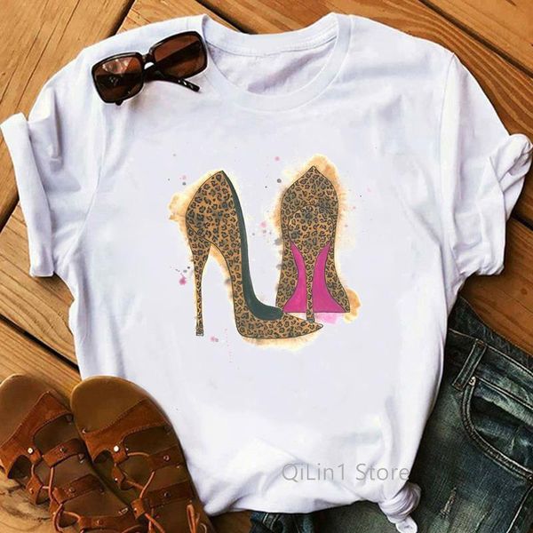

leopard high heels shoes print vogue t shirt femme funny t shirt women 90s punk shirt hip hop hipster streetwear, White