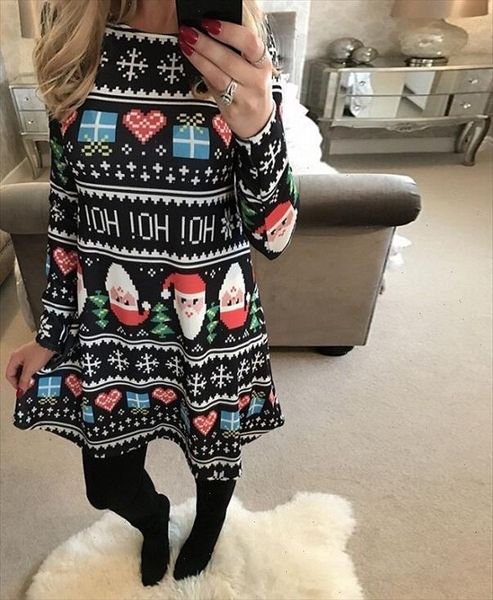 

winter women dresses casual cute printed christmas dress casual loose party short dress plus size vestidos designer clothes, Black;gray