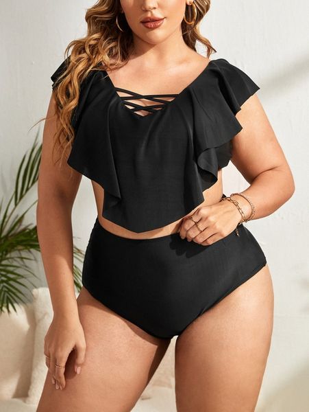 

plus hanky hem criss cross bikini swimsuit 51ro#, Black