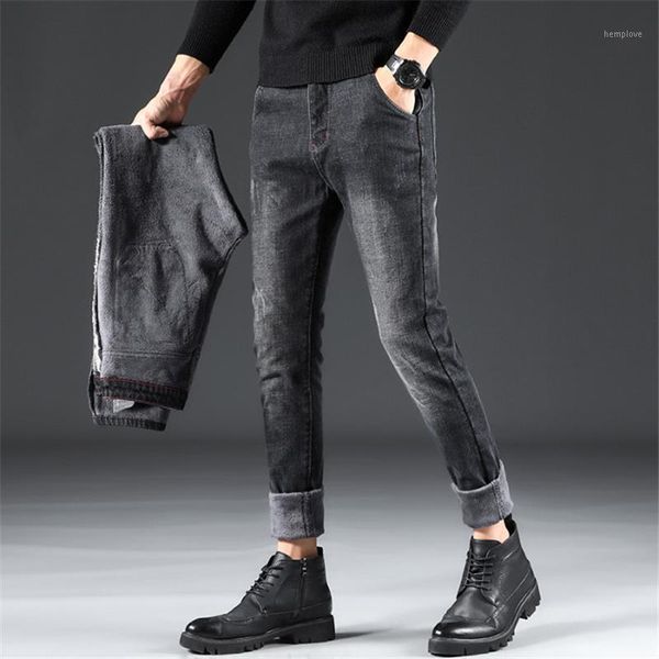 

autumn plus velvet thick cowboy trousers hombre winter slim fit stretch warm jeans men's black loose straight casual denim pants1, Blue