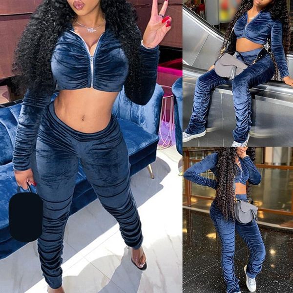 

ladies korean velvet fashion casual long-sleeve hooded cropped slim-fit pleated pants suit, Gray