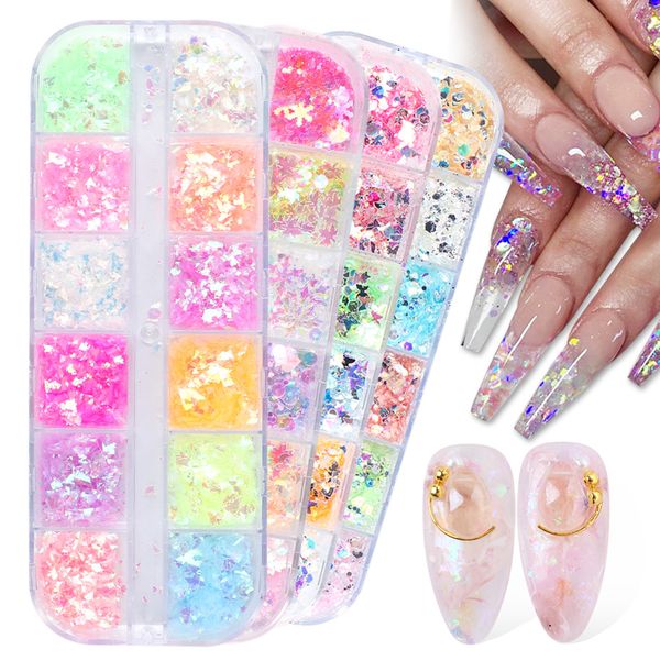 

12 grid glitter nail art decorations flakes fluorescence butterfly star heart mirror sparkly sequins 3d nail accessories, Silver;gold