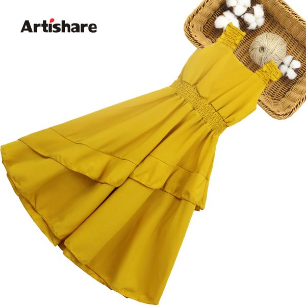 

summer dress for girls ruffles dress for girl solid color children dress casual style childrens clothing lj200822, Red;yellow
