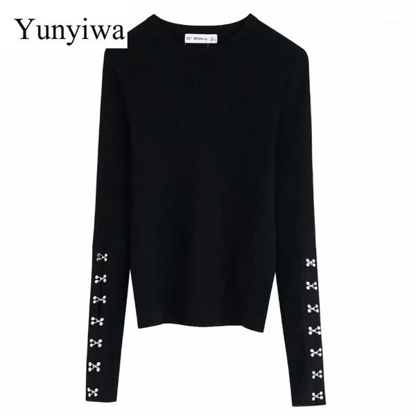 

2019 autumn fashion women pin buckles patch black white color knitting sweater female o neck casual slim pullover chic 1, White;black