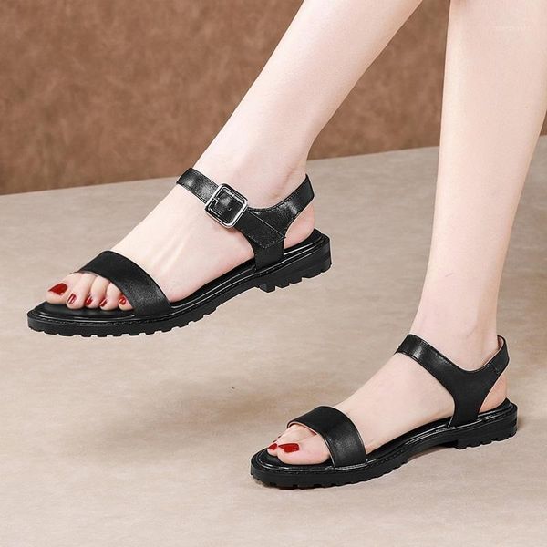 

genuine leather women sandals shoes low square heel black white casual shoes cow leather woman gladiator sandals big size 34-431