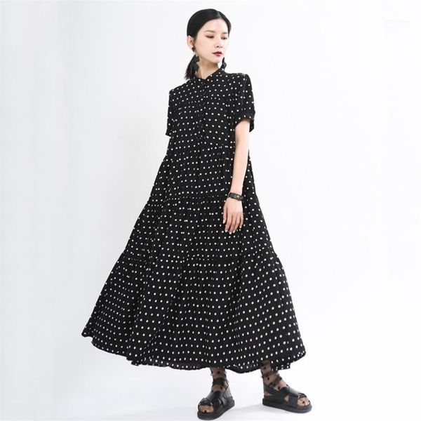 

2020 new summer retro polka dot loose women dress fashion cake dress ankle-length lady dresses stand collar black white vestido1, Black;gray