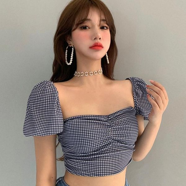 

корейский стиль клетчатки для печати блузка женская простая классическая квадратная воротник с коротким рукавом рубашка новое поступление се, White