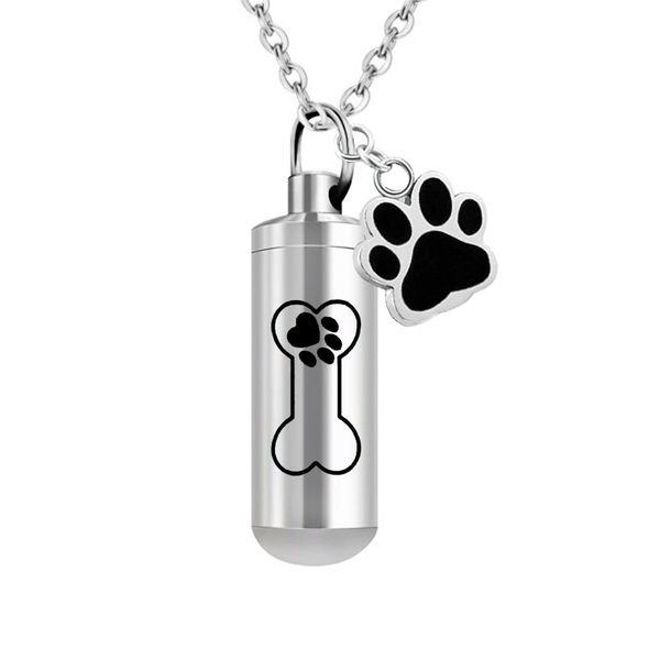 

stainless steel memorial pet jewelry cylinder cremation ashes urn for pet paws memorial ashes pendant necklace keepsake, Silver