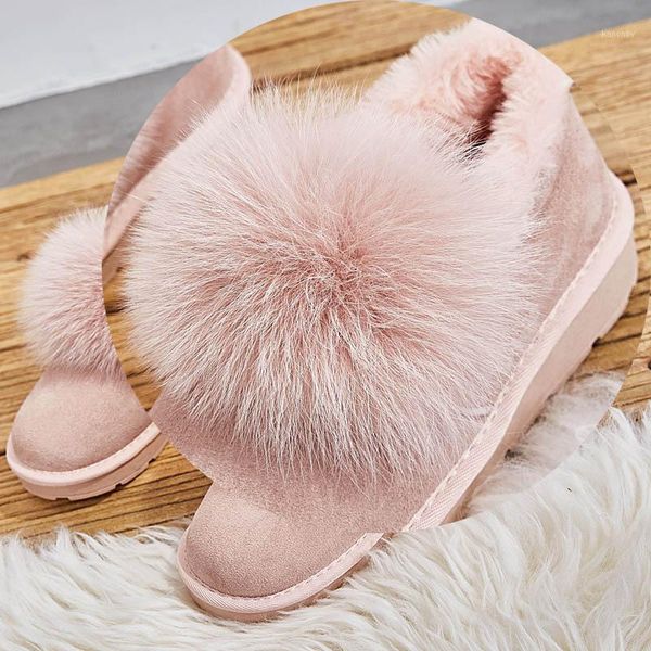 

boots 2021 lovely ankle boot genuine leather snow fur ball women's shoes flat cotton warm shoes1, Black