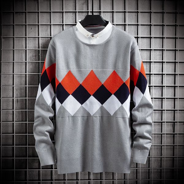 

2021 new casual fake two-piece sweater long sleeve fit-knitted loose male argyle pull up men sweaters autumn fasion 6e64, White;black