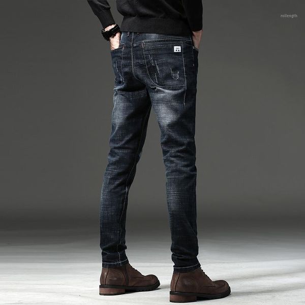 

2020 autumn and winter men's elastic small straight jeans solid color fashion casual men's wear high waist tide brand slim jeans1, Blue