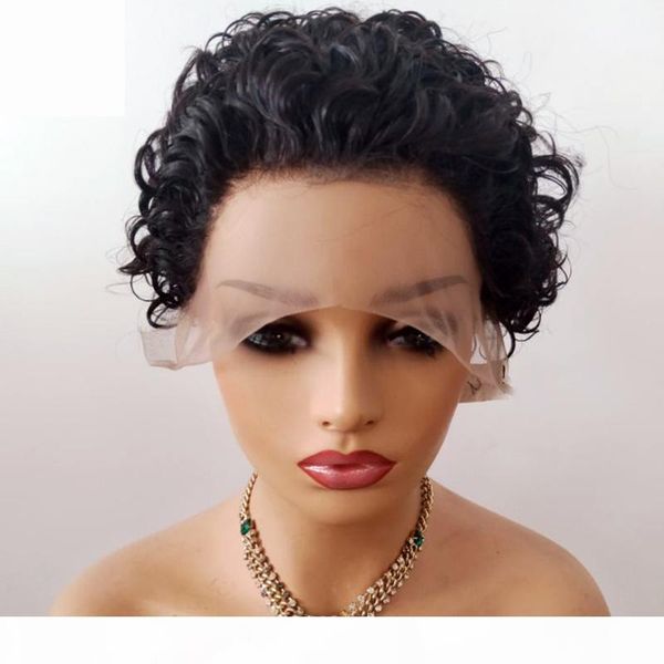 

short bob brazilian 13x6 lace front wig pixie cut bob remy bouncy curly lace wig pre plucked human hair wigs for women, Black;brown