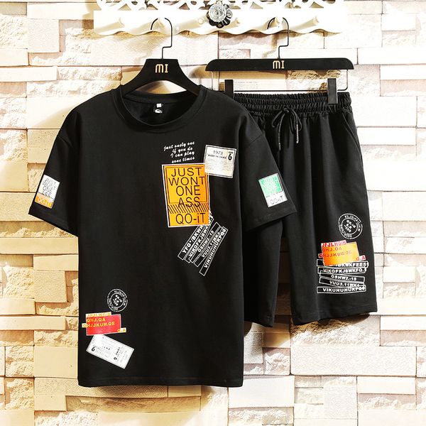 

2021 new summer fashion print men+shorts set short sleeve shirts casual men clothing sets tracksuit hip hop plus size 5xl hky3, Black