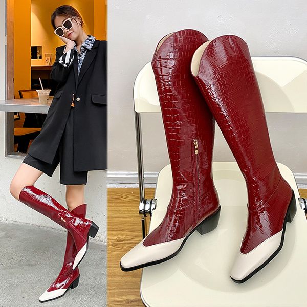 

2020 women's cow boots, with a square leather toe, zip shoes, high boots at knee, riding g8nl, Black