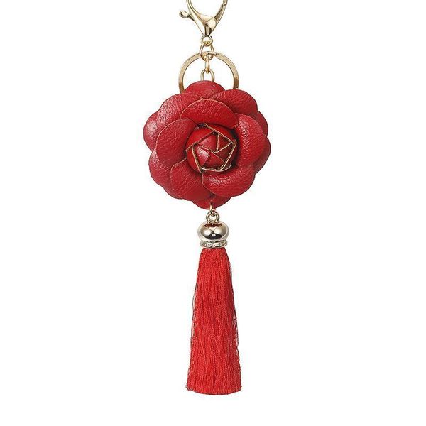 

new arrival camellia leather flower with tassel key chain golden fashion key ring women bag pendant car keychain eh883 h jlllzv