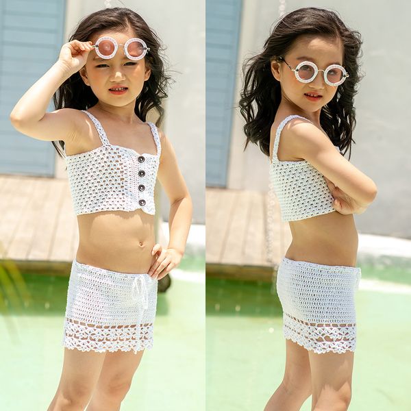 

девушки купальник крючком из двух частей бикини для детей купальники девочек купальники сплит пляжная дети купальный костюм biquini infantil, White;black