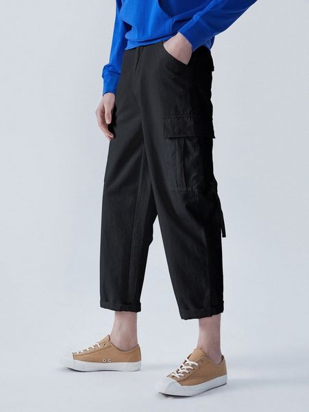 

men solid flap pocket side pants p0pj#, Black