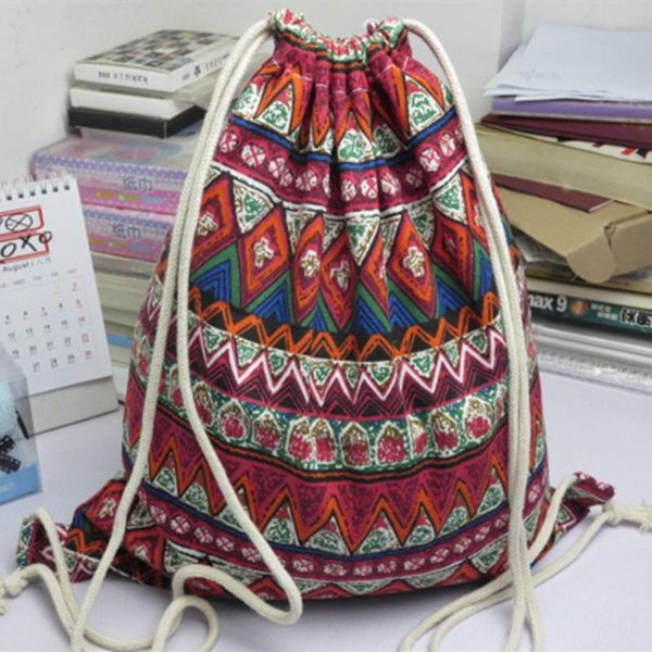 

yile cotton linen drawstring travel backpack student book bag zigzag line diamond 824-5