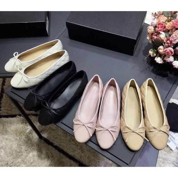 

woman dress shoes designer genuine soft leather rhombic ladies bow shoes letter classic womens sheepskin flat boat shoes, Black