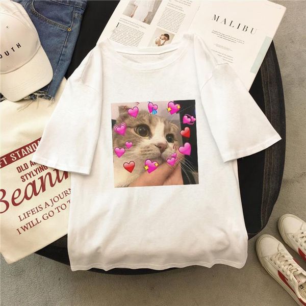 

ulzzang cute cat love casual tees kawaii print loose short sleeve clothing harajuku student summer fashion women t shirt, White