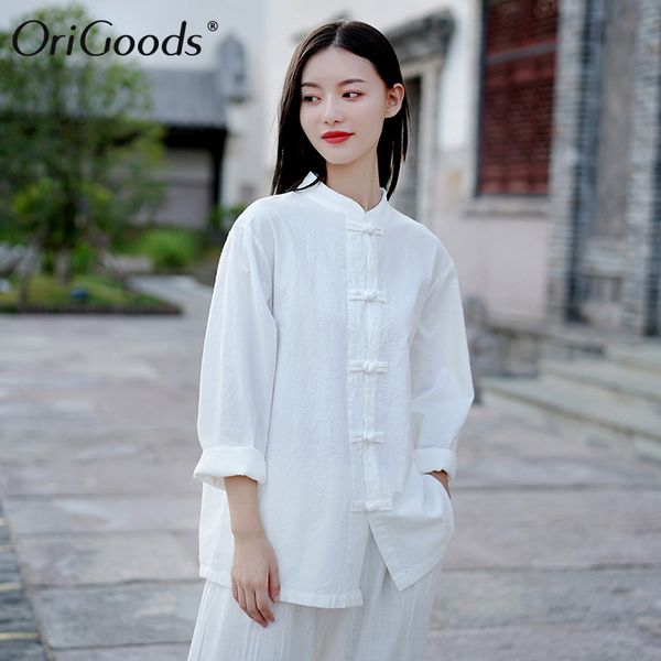 

origoods women long sleeve shirt autumn chinese style shirt blouse cotton linen vintage shirt qigong tai chi clothes c269 201126, White