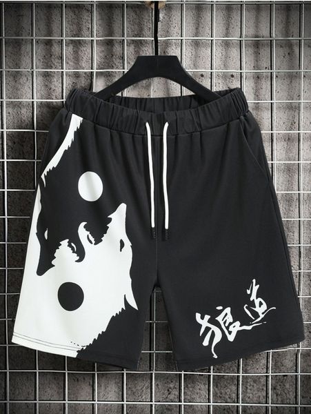 

men wolf & chinese letter graphic drawstring waist shorts l5sp#, Black
