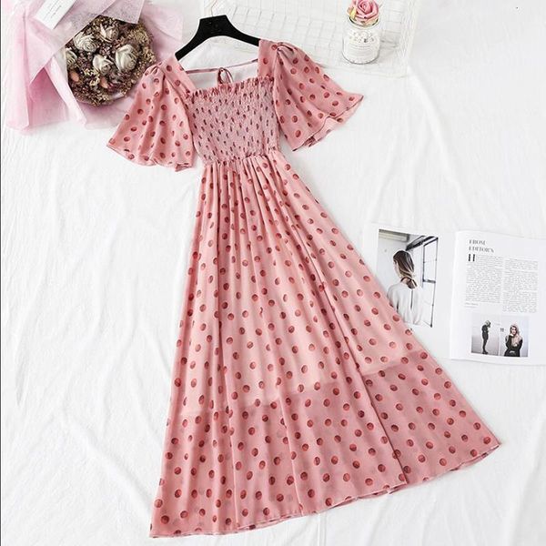 

2020 summer polka dot print chiffon dress sweet short sleeve ruffle midi dress women bohemia elegant pink party vestidos, Black;gray