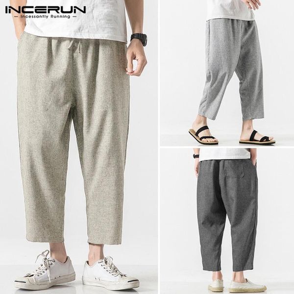 

incerun men's fashion elastic waist pants drawstring straight trousers men causal chinese style cotton and linen cropped pants1, Black