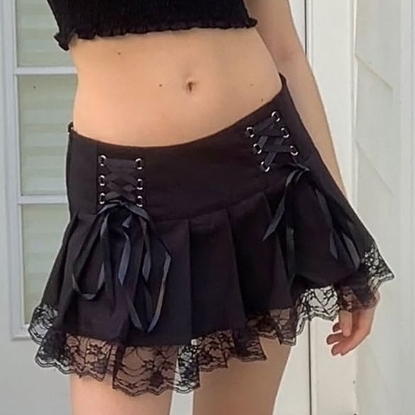 

black cross bandage lace up y2k high waist pleated goth skirt woman 2020 punk style aesthetic streetwear mini skirts party club y1214