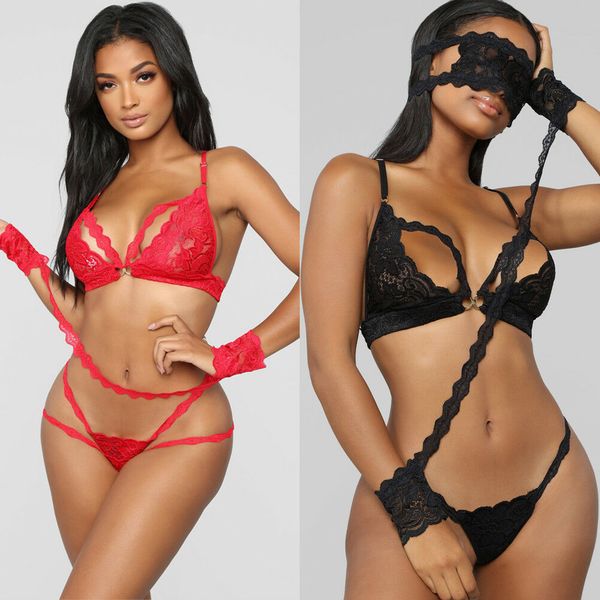 

underwear women's lace see-through bandage fashion bralette bra brief set intimate lingerie lace, Black;white