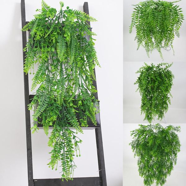 

5 forks artificial persian fern green plant tree leaves plastic hanging plant fake leaves rattan home shop wedding decoration