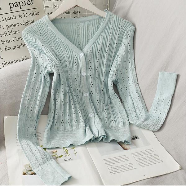 

knitted cardigan korean cropped cardigan women crop sweater white green hollow out cardigans 2021 long sleeve v neck new, White;black
