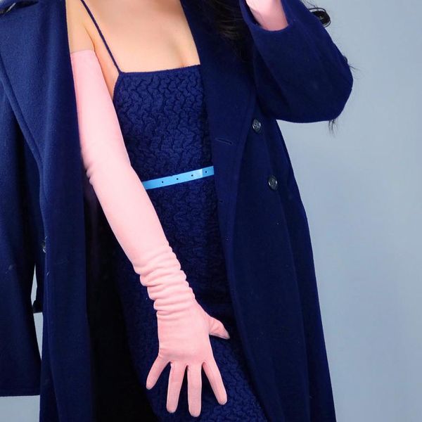 

five fingers gloves women' runway fashion faux suede leather pink female club party dress dancing driving long glove 70cm r3293, Blue;gray